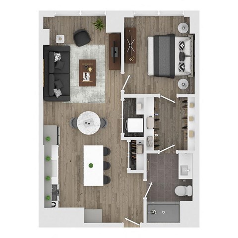 Floor plan for 1 bed, 1 bath, 738 sqft