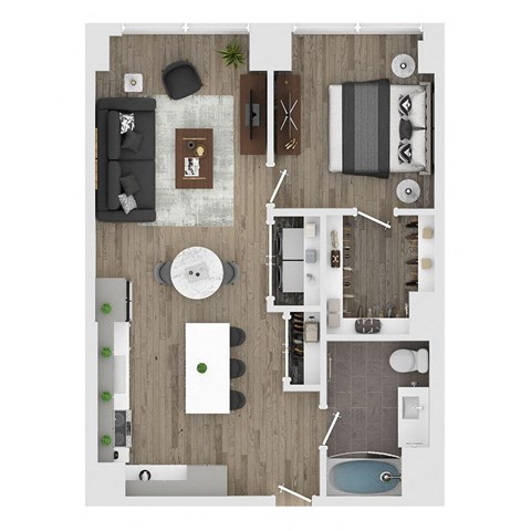 Floor plan for 1 bed, 1 bath, 738 sqft