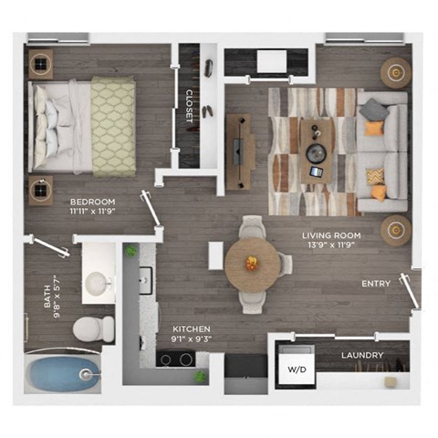 Floor plan for 1 bed, 1 bath, 584 sqft