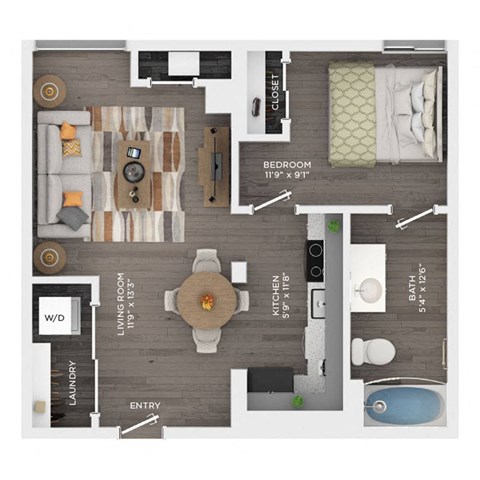 Floor plan for 1 bed, 1 bath, 592 sqft