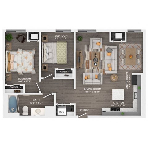 Floor plan for 2 beds, 1 bath, 886 sqft