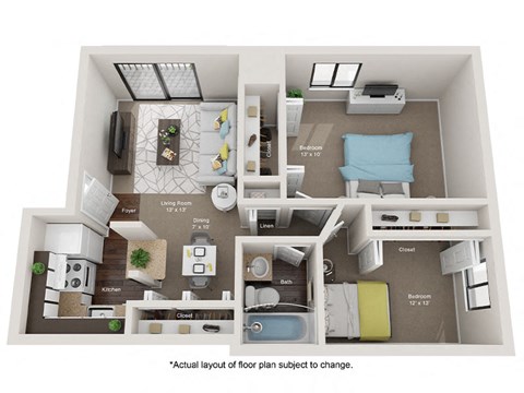 Floor plan for 2 beds, 1 bath, 850 sqft