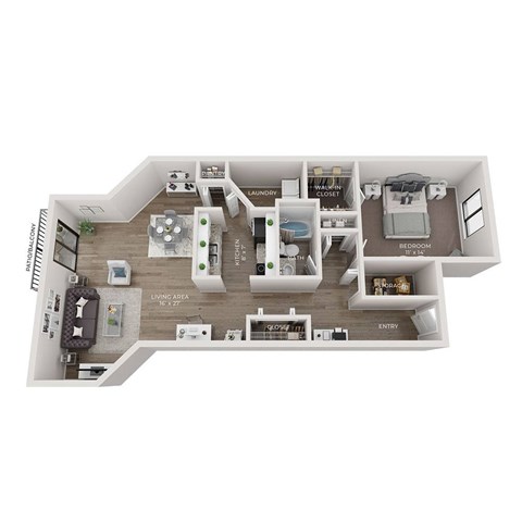 Floor plan for 1 bed, 1 bath, 1033 sqft