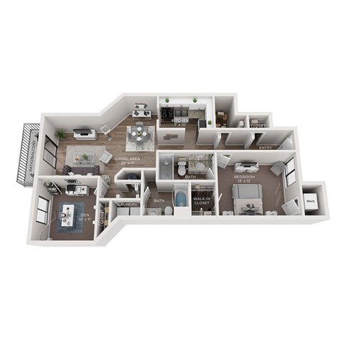 Floor plan for 1 bed, 2 baths, 1175 sqft