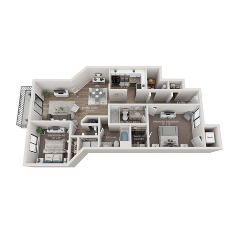 Floor plan for 2 beds, 2 baths, 1175 sqft