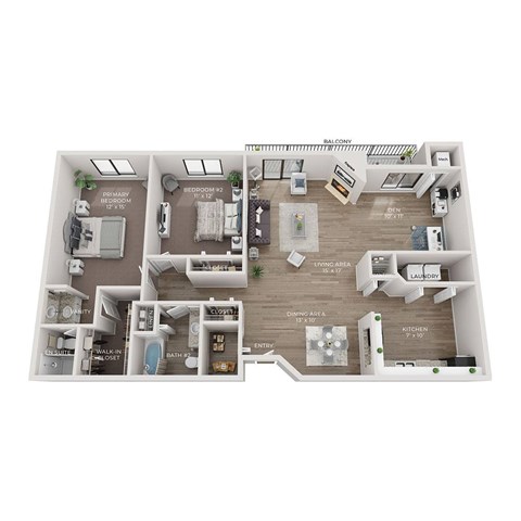 Floor plan for 2 beds, 2 baths, 1241 sqft
