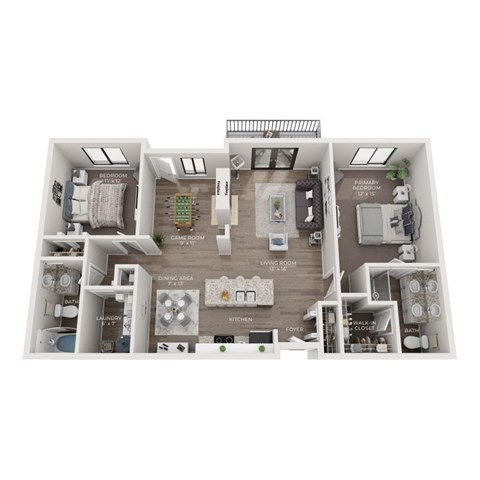 Floor plan for 2 beds, 2 baths, 1500 sqft