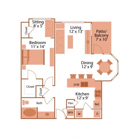 Floor plan for 1 bed, 1 bath, 914 sqft