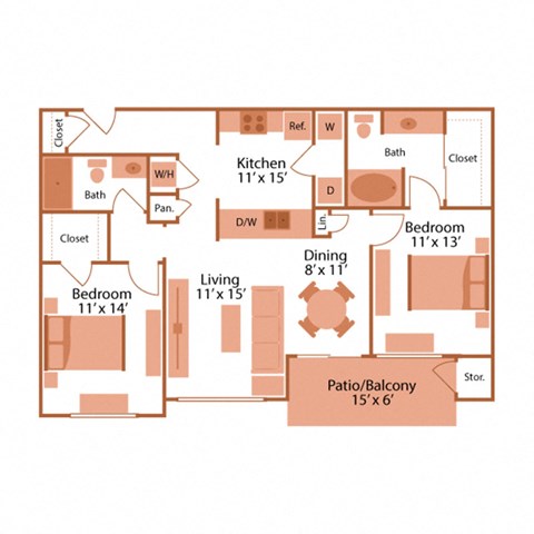 Floor plan for 2 beds, 2 baths, 1106 sqft