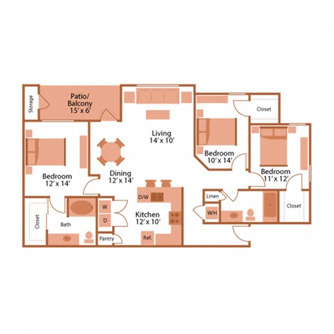 Floor plan for 3 beds, 2 baths, 1453 sqft