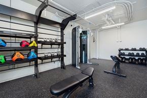 Lansing apartment for rent - A gym with a bench, weights, and a row of dumbbells.