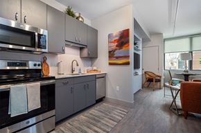 Lansing apartment for rent - A modern kitchen with a stove top oven and a painting on the wall.