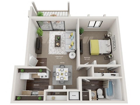 Floor plan for 1 bed, 1 bath, 650 sqft