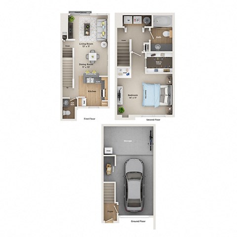 Floor plan for 1 bed, 1.5 baths, 926 sqft