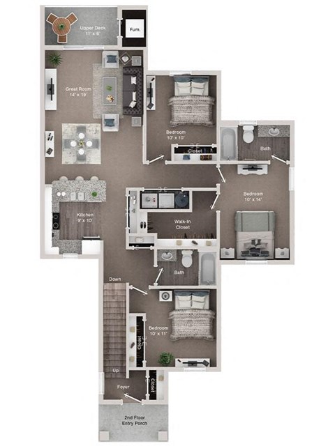 Floor plan for 3 beds, 2 baths, 1301 sqft