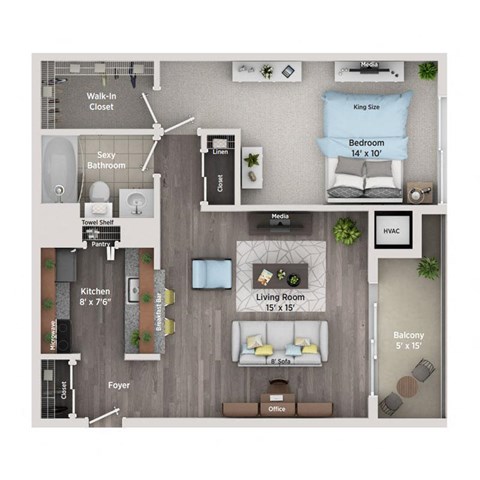 Floor plan for 1 bed, 1 bath, 665 sqft