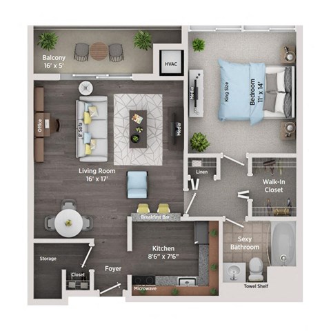 Floor plan for 1 bed, 1 bath, 730 sqft