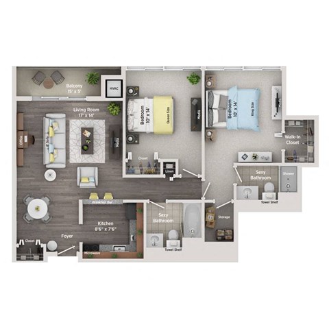 Floor plan for 2 beds, 2 baths, 1000 sqft
