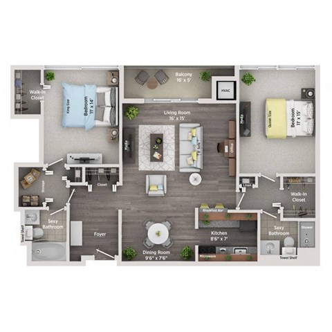 Floor plan for 2 beds, 2 baths, 1150 sqft