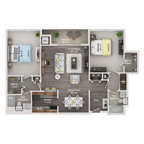 Floor plan for 2 beds, 2 baths, 1125 sqft