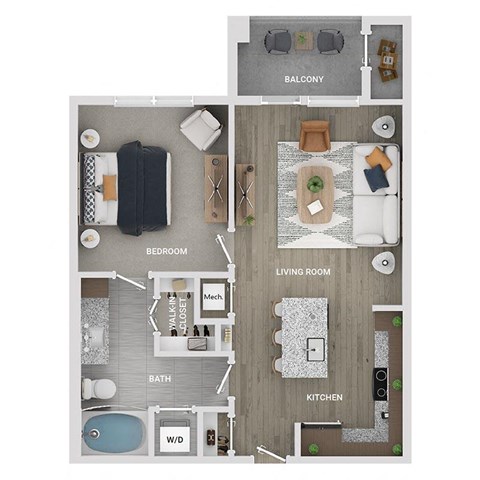Floor plan for 1 bed, 1 bath, 683 sqft