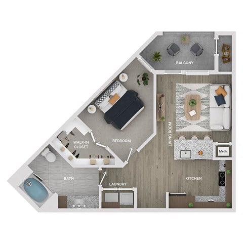 Floor plan for 1 bed, 1 bath, 707 sqft