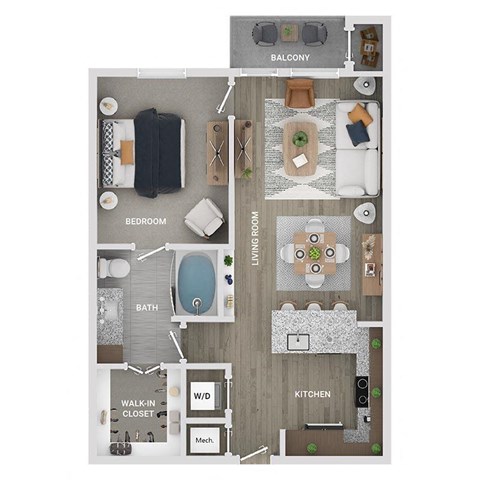 Floor plan for 1 bed, 1 bath, 729 sqft