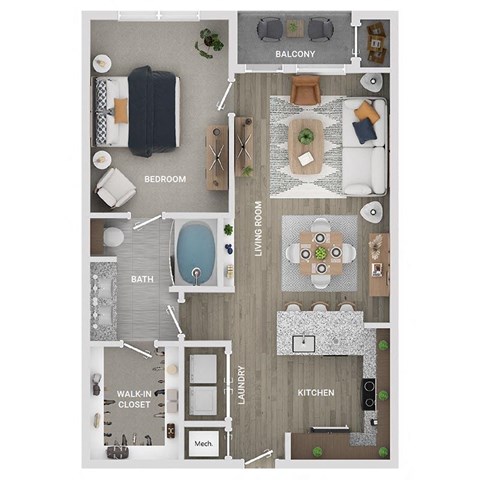 Floor plan for 1 bed, 1 bath, 754 sqft