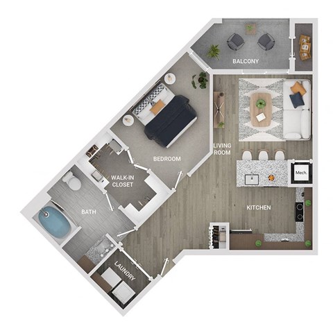 Floor plan for 1 bed, 1 bath, 765 sqft