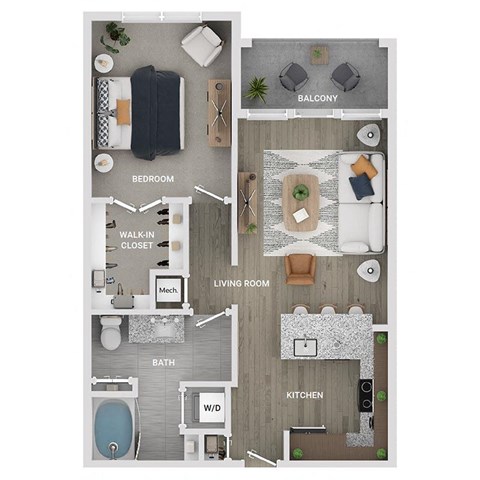 Floor plan for 1 bed, 1 bath, 784 sqft