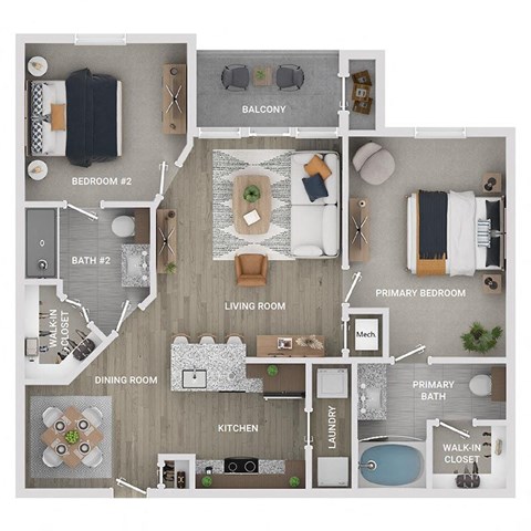 Floor plan for 2 beds, 2 baths, 1026 sqft