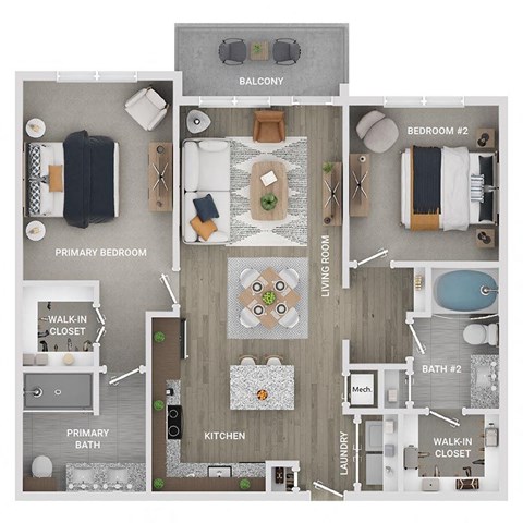 Floor plan for 2 beds, 2 baths, 1058 sqft