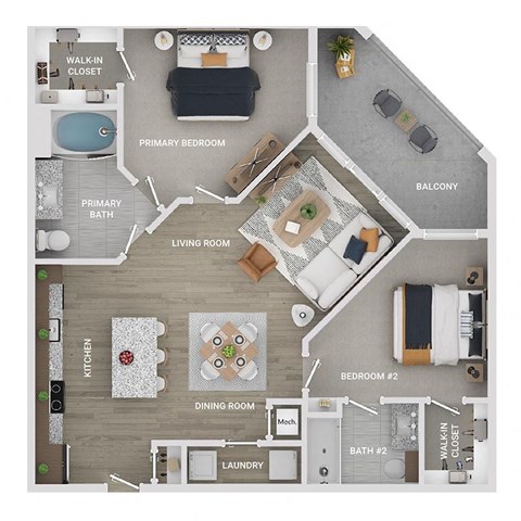 Floor plan for 2 beds, 2 baths, 1077 sqft
