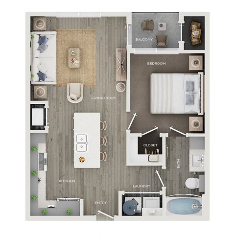 Floor plan for 1 bed, 1 bath, 636 sqft