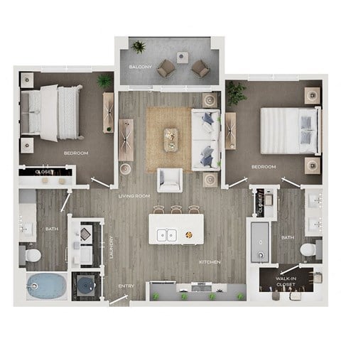 Floor plan for 2 beds, 2 baths, 987 sqft