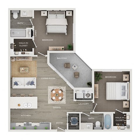 Floor plan for 2 beds, 2 baths, 1030 sqft