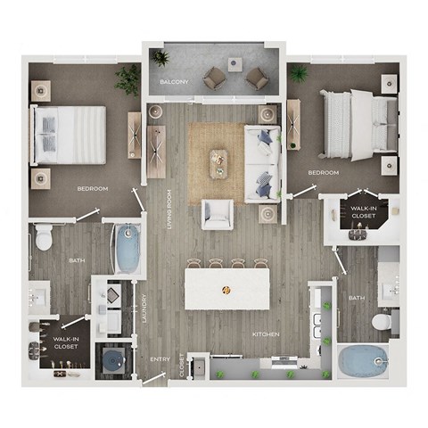 Floor plan for 2 beds, 2 baths, 1071 sqft
