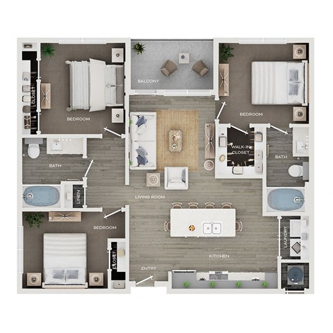 Floor plan for 3 beds, 2 baths, 1148 sqft