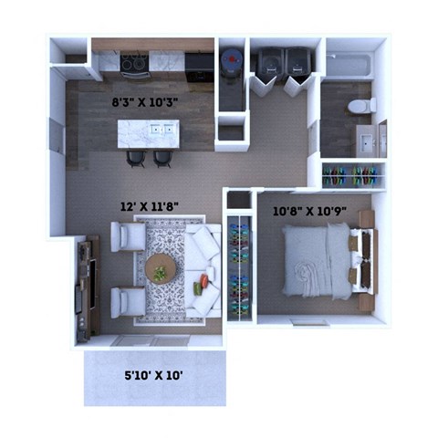 Floor plan for 1 bed, 1 bath, 681 sqft