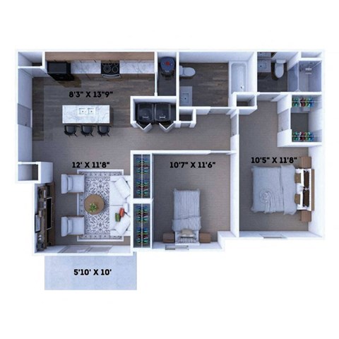 Floor plan for 2 beds, 2 baths, 957 sqft