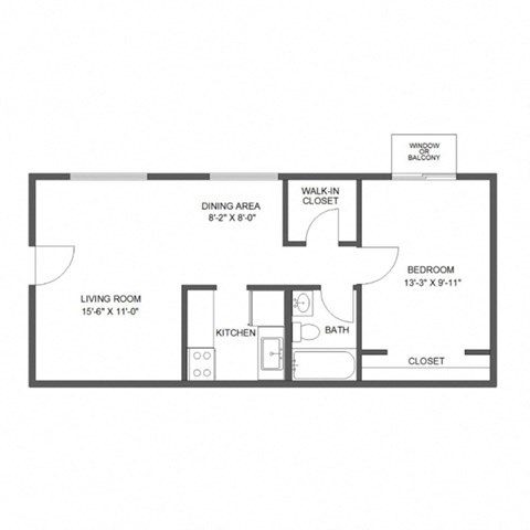 Floor plan for 1 bed, 1 bath, 572 sqft