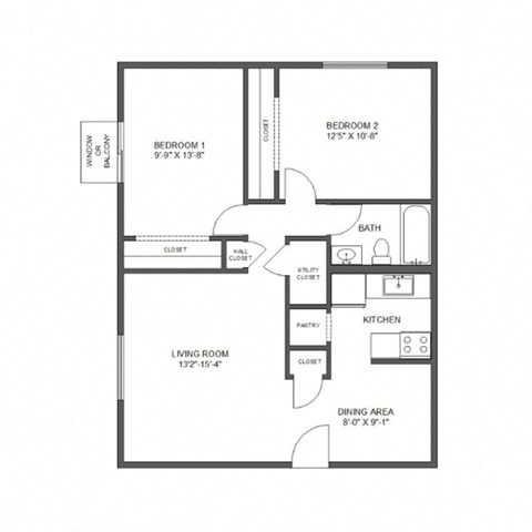 Floor plan for 2 beds, 1 bath, 826 sqft