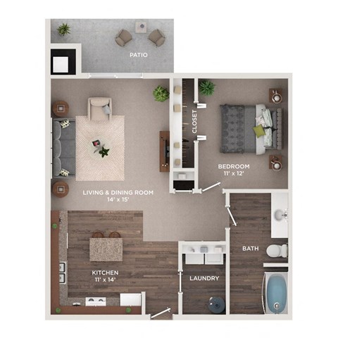 Floor plan for 1 bed, 1 bath, 710 sqft