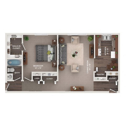 Floor plan for 1 bed, 1 bath, 800 sqft