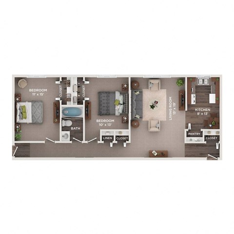 Floor plan for 2 beds, 1 bath, 960 sqft