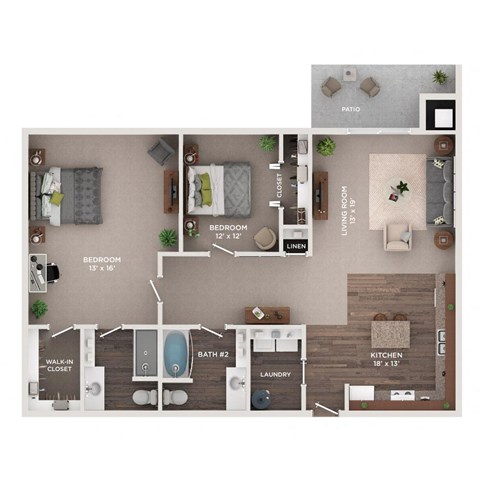 Floor plan for 2 beds, 2 baths, 1025 sqft