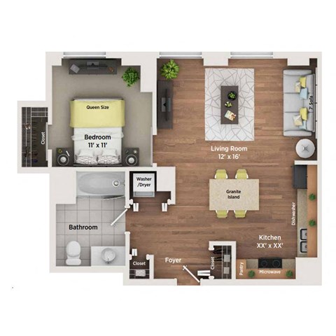 Floor plan for 1 bed, 1 bath, 665 sqft