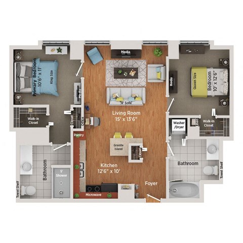 Floor plan for 2 beds, 2 baths, 960 sqft