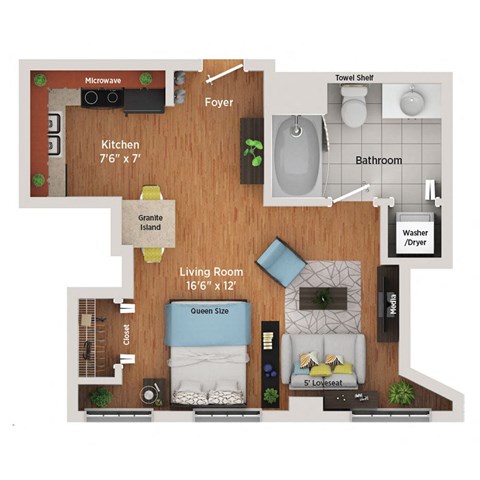 Floor plan for studio, 1 bath, 495 sqft