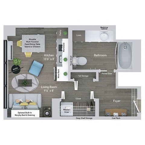 Floor plan for studio, 1 bath, 350 sqft